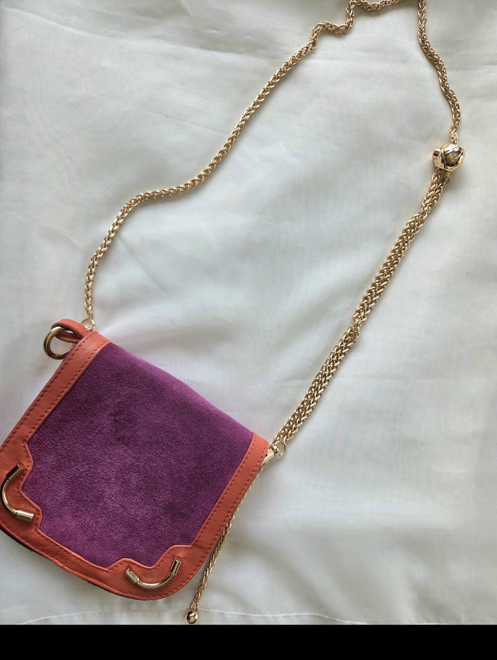 ASOS‎ Women's Purple Suede & Orange Leather Crossbody Bag with Gold Chain